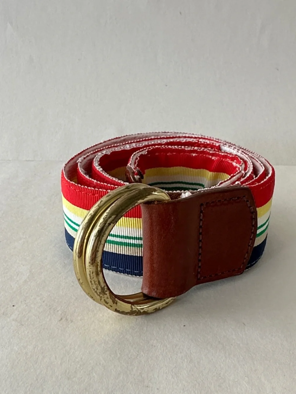 PREPPY VINTAGE 1980s LADIES WOVEN RIBBON BELT Brass O RING RED BLUE STRIPE 36